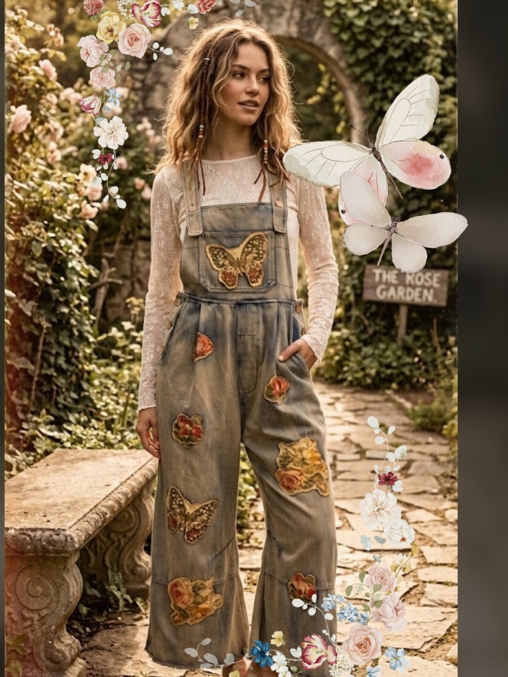 Women’s Embroidered Butterfly Patch Denim Overalls - Olive
